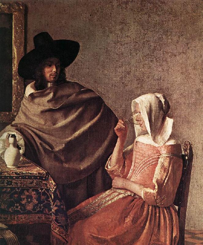 VERMEER VAN DELFT, Jan A Lady Drinking and a Gentleman (detail) ar oil painting picture